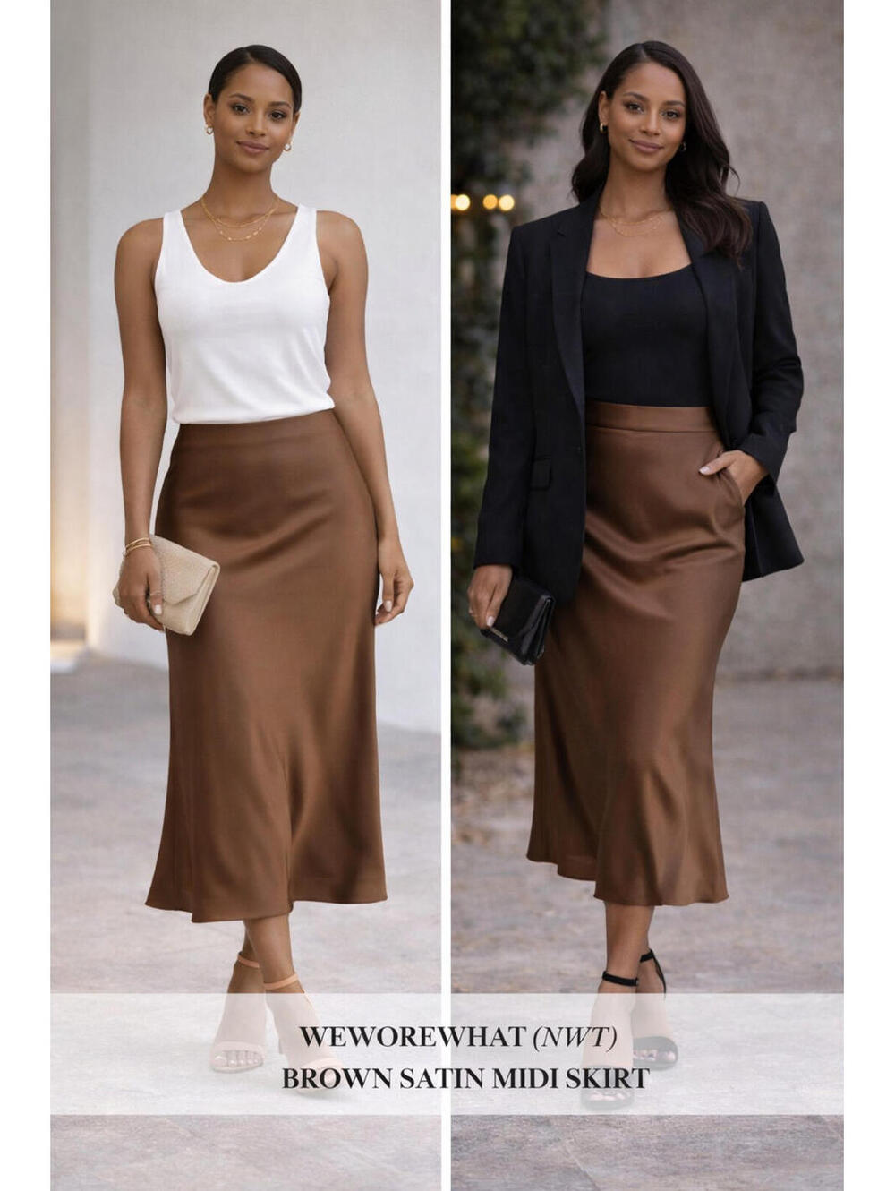 NWT WeWoreWhat Satin Midi Skirt Brown XS Slip Skirt Minimalist Chic $108